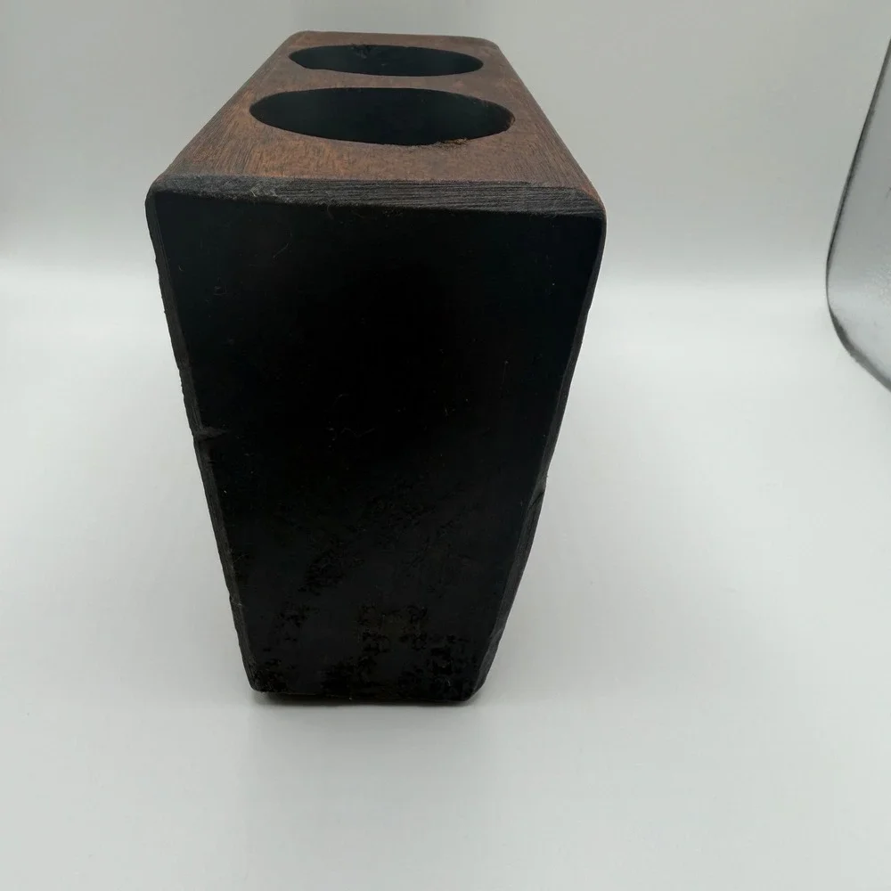 VTG Primitive Hand Carved Wood 2 Hole Sugar Mold Candle Or Makeup Brush Holder